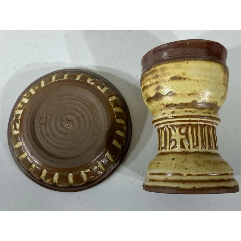Studio Pottery Art Handmade 2 pc Candle Holder Tray Brown Signed Tom‎ Hughes